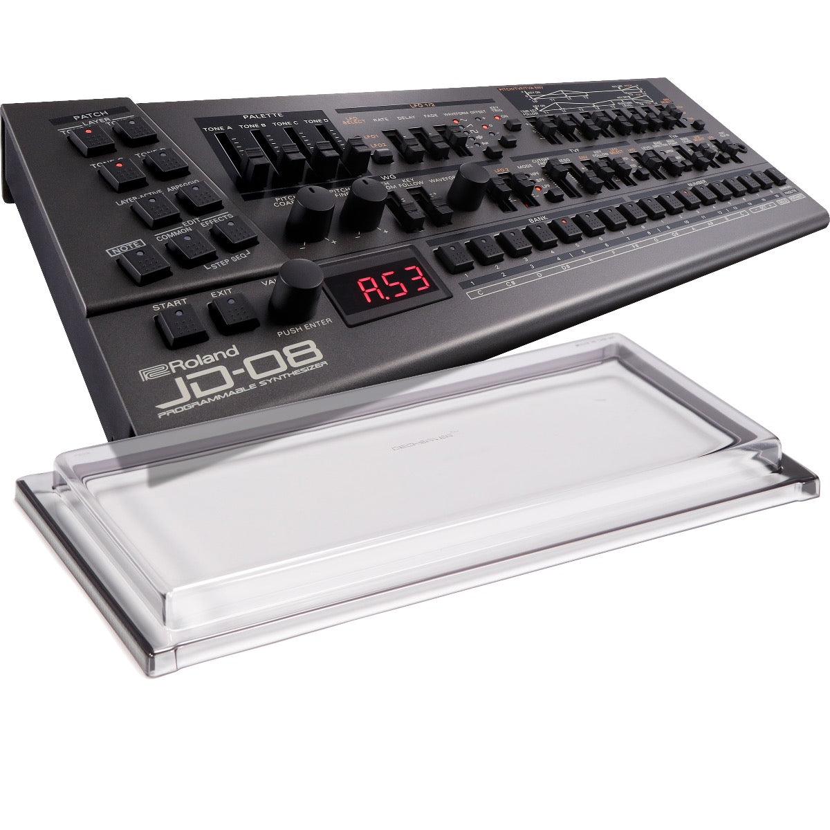 Collage showing components in Roland Boutique JD-08 Synthesizer Module DECKSAVER KIT