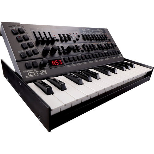 Collage showing components in Roland Boutique JD-08 Synthesizer Module with K-25m Keyboard Unit bundle