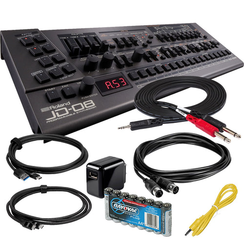 Collage showing components in Roland Boutique JD-08 Synthesizer Module POWER & CABLE KIT