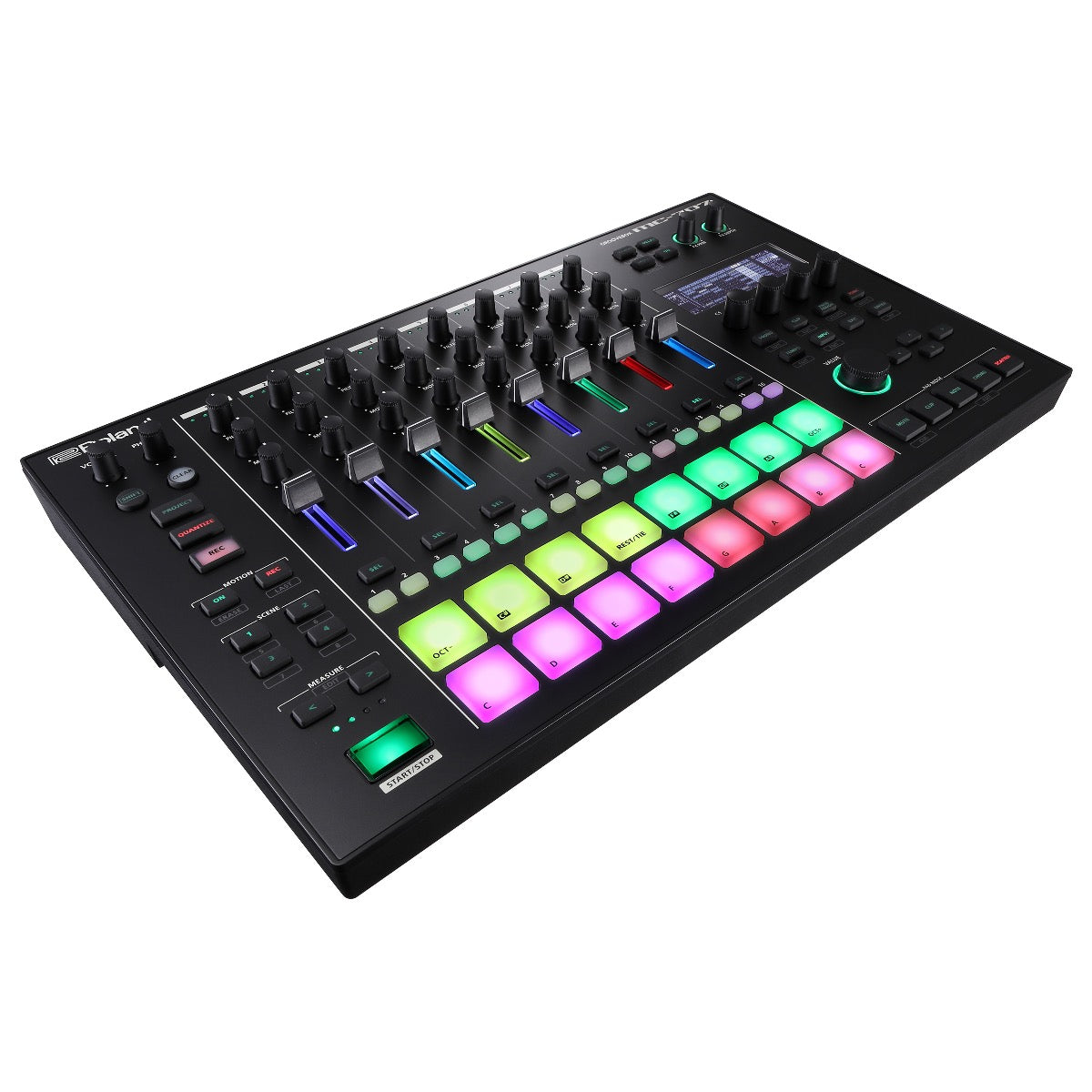 3/4 view of Roland MC-707 Groovebox showing top, front and left side