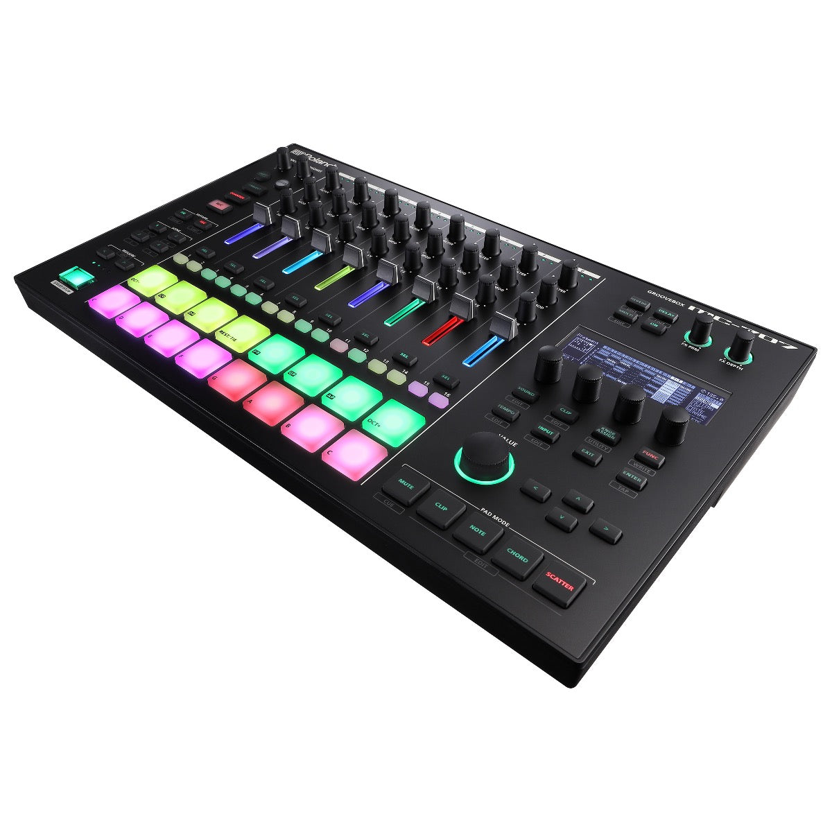 3/4 view of Roland MC-707 Groovebox showing top, front and right side