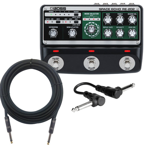 Collage of the components in the Boss RE-202 Space Echo Pedal BONUS PAK bundle