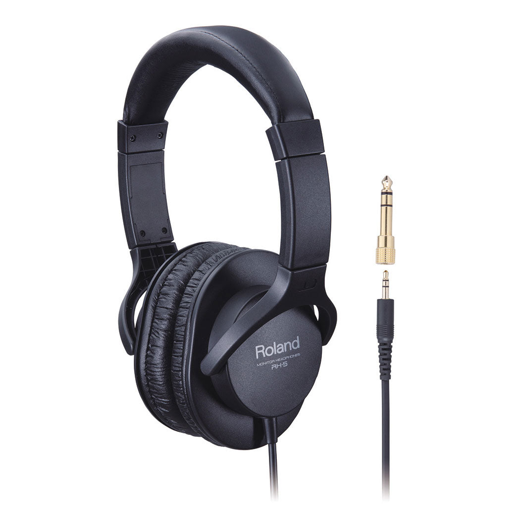 Image of the Roland RH-5 Stereo Headphones - Black with cord and 1/4" adaptor shown