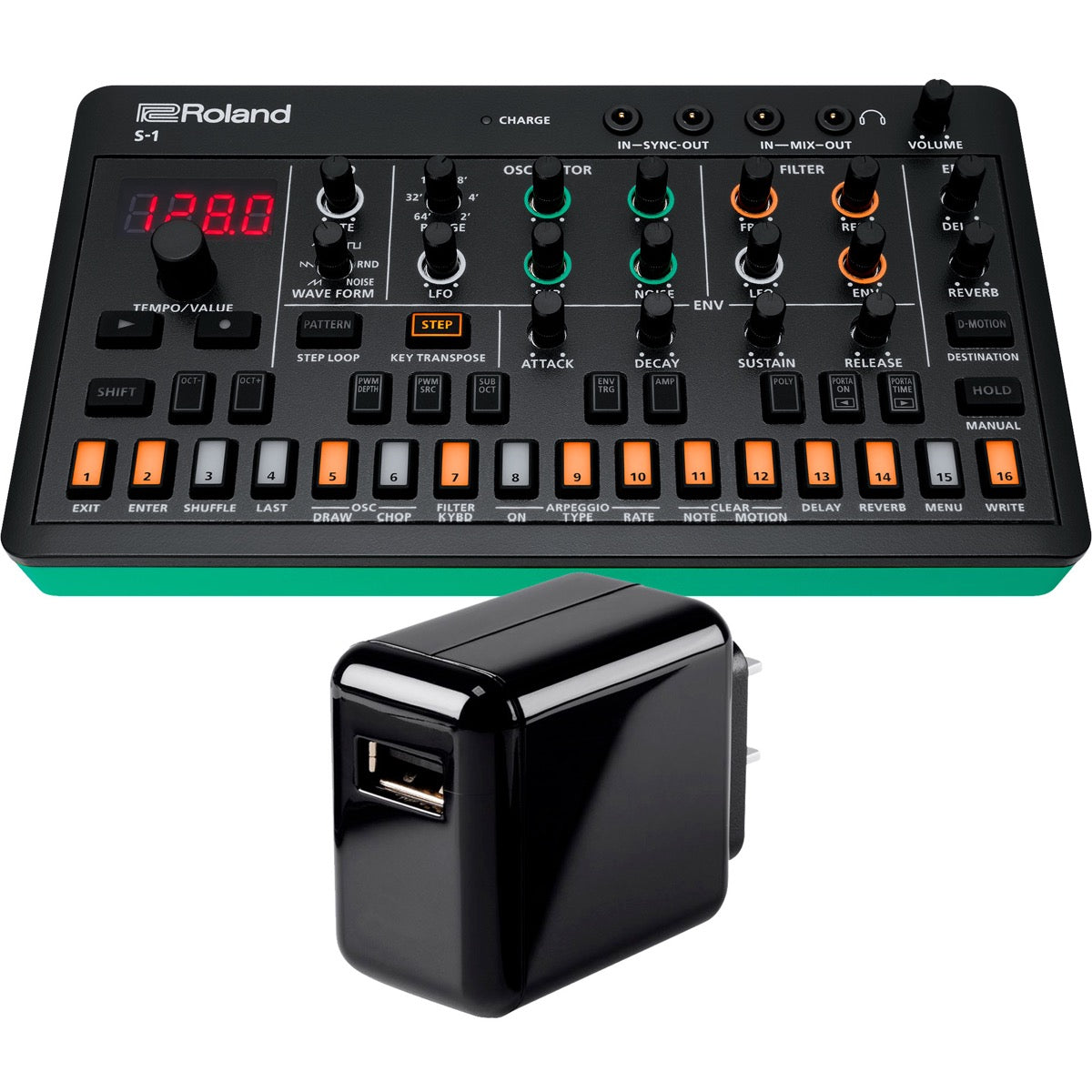 Collage showing components in Roland Aira Compact S-1 Tweak Synth POWER KIT