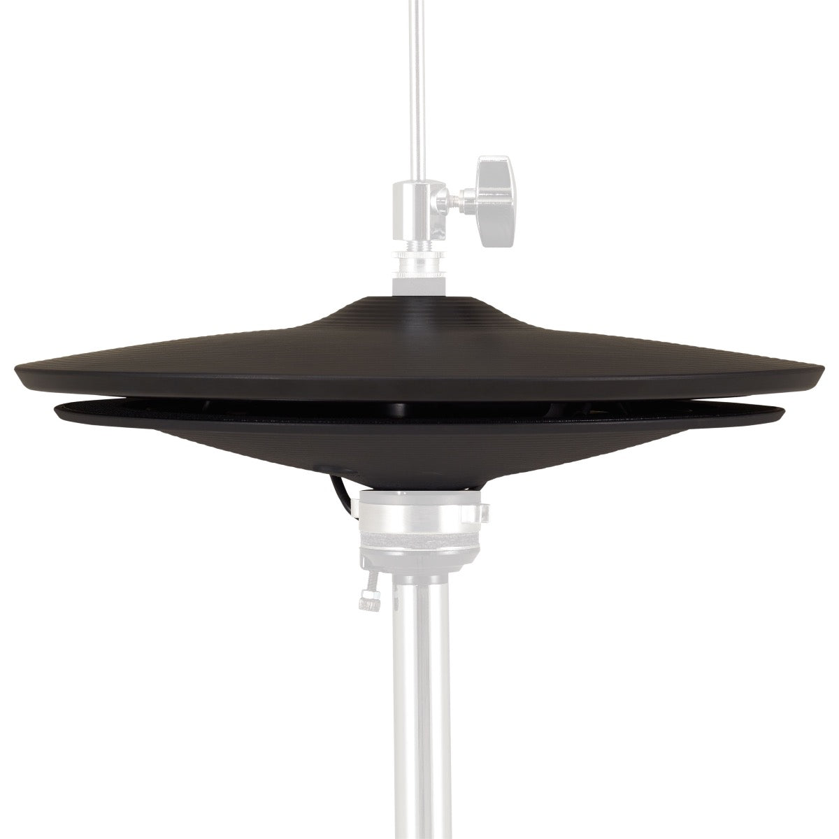 Side view of Roland VH-14D V-Drums 14" Digital V-Hi-Hat with semi-transparent image of hi-hat stand (sold separately) shown for reference