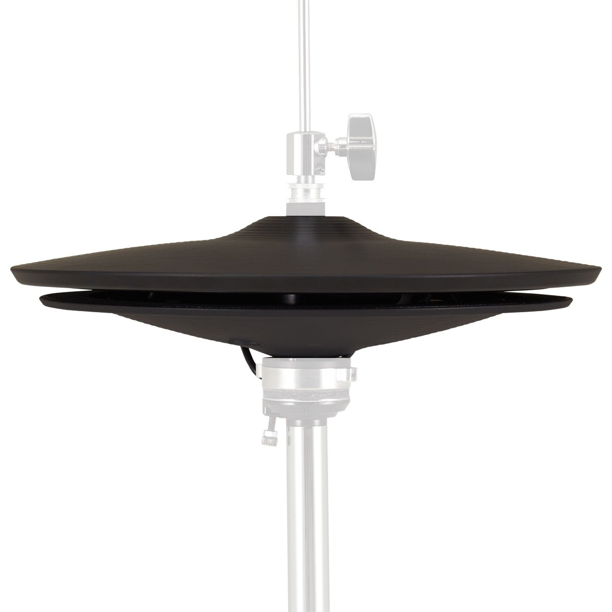 Side view of Roland VH-14D V-Drums 14" Digital V-Hi-Hat with semi-transparent image of hi-hat stand (sold separately) shown for reference