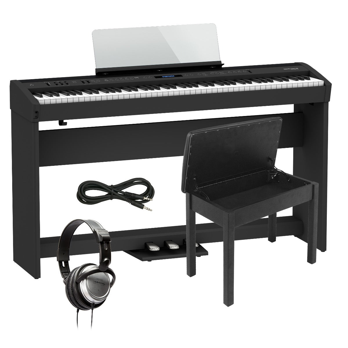 Collage image of the 
Roland FP-60X Digital Piano - Black COMPLETE HOME BUNDLE
