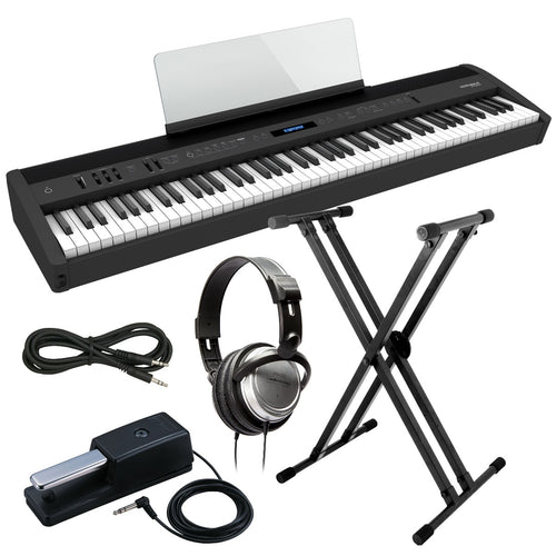 Collage image of the Roland FP-60X Digital Piano - Black KEY ESSENTIALS BUNDLE
