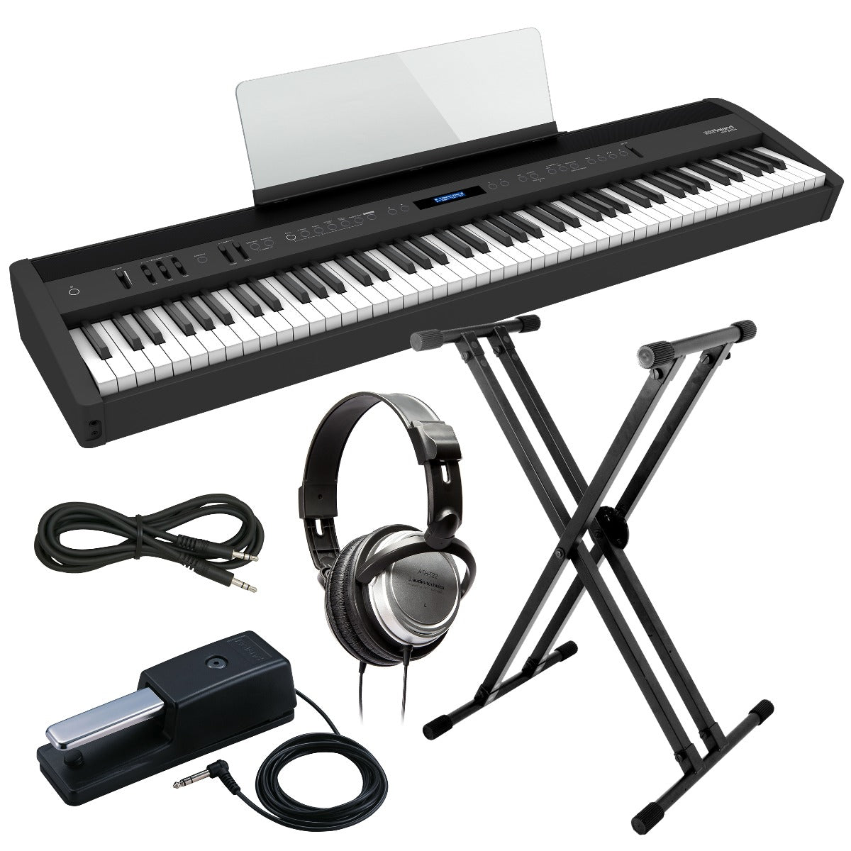 Collage image of the Roland FP-60X Digital Piano - Black KEY ESSENTIALS BUNDLE