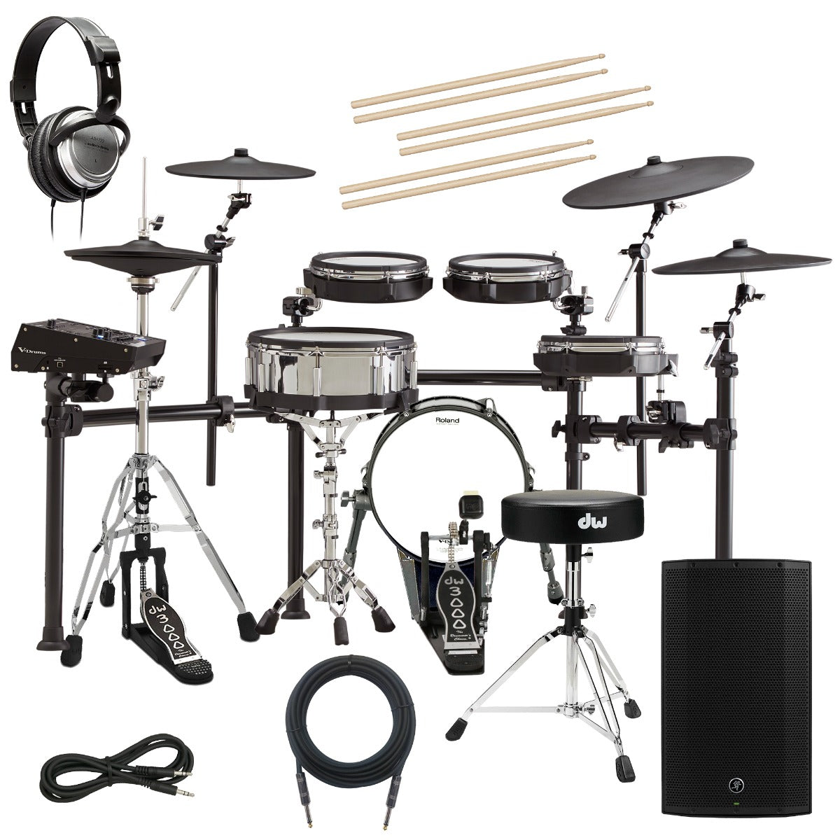 Collage of items in the Roland TD-50K2 V-Drums Electronic Drum Set COMPLETE DRUM BUNDLE