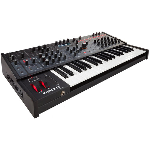3/4 view of Sequential Pro 3 Mono/Paraphonic Synthesizer Keyboard showing top, front and left side