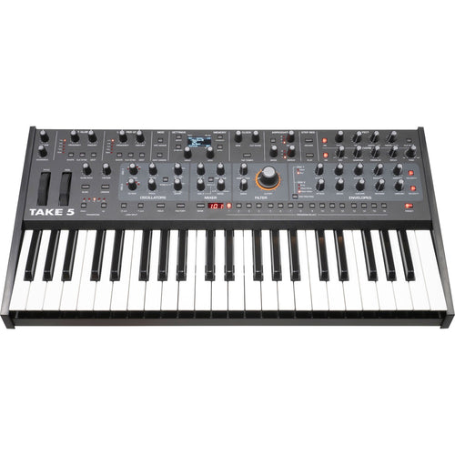 Perspective view of Sequential Take 5 Compact 5-Voice Polyphonic Synthesizer showing top and front