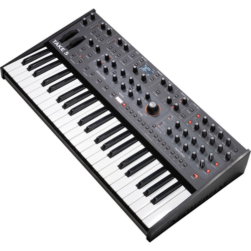 3/4 view of Sequential Take 5 Compact 5-Voice Polyphonic Synthesizer showing top, right side and front