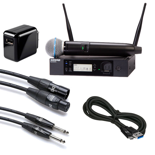 Collage image of the Shure GLXD24R+B58 Vocal Rack system with BETA58A microphone CABLE KIT