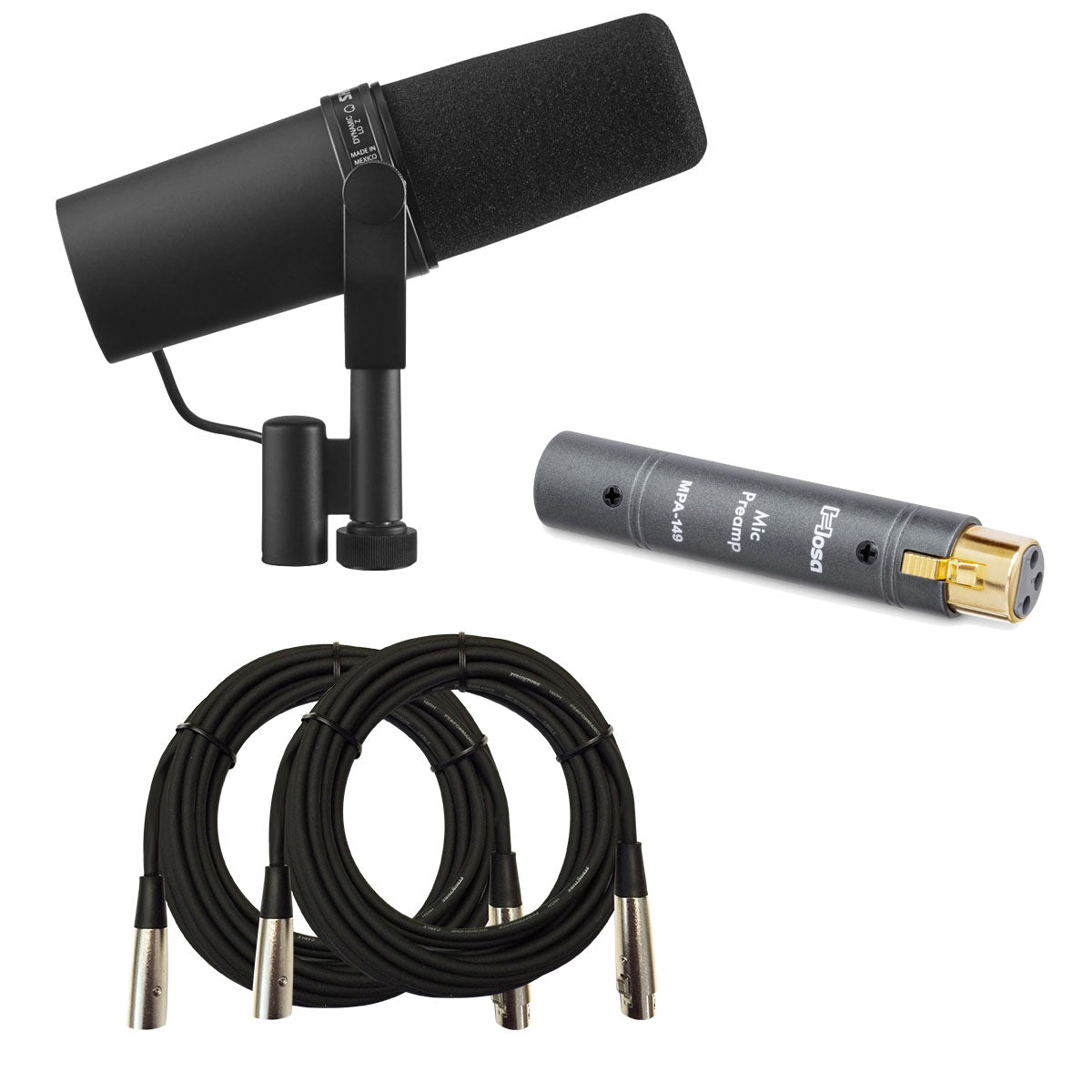 Collage image of the Shure SM7B Dynamic Vocal Microphone PREAMP PAK