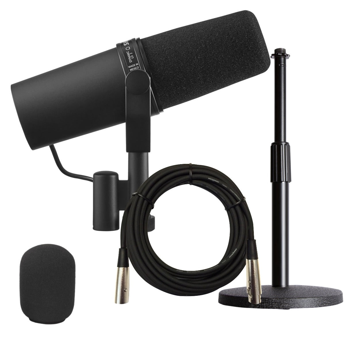 Collage of items in Shure SM7B Dynamic Vocal Microphone  BONUS PAK
