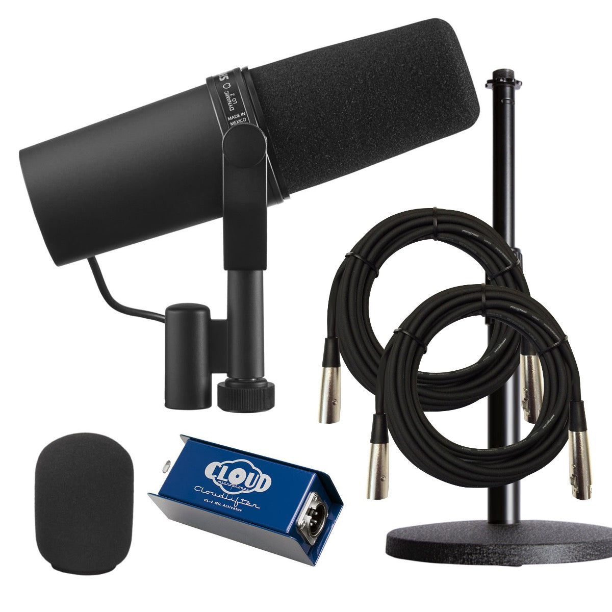 Collage of items in Shure SM7B Dynamic Vocal Microphone CLOUDLIFTER BUNDLE