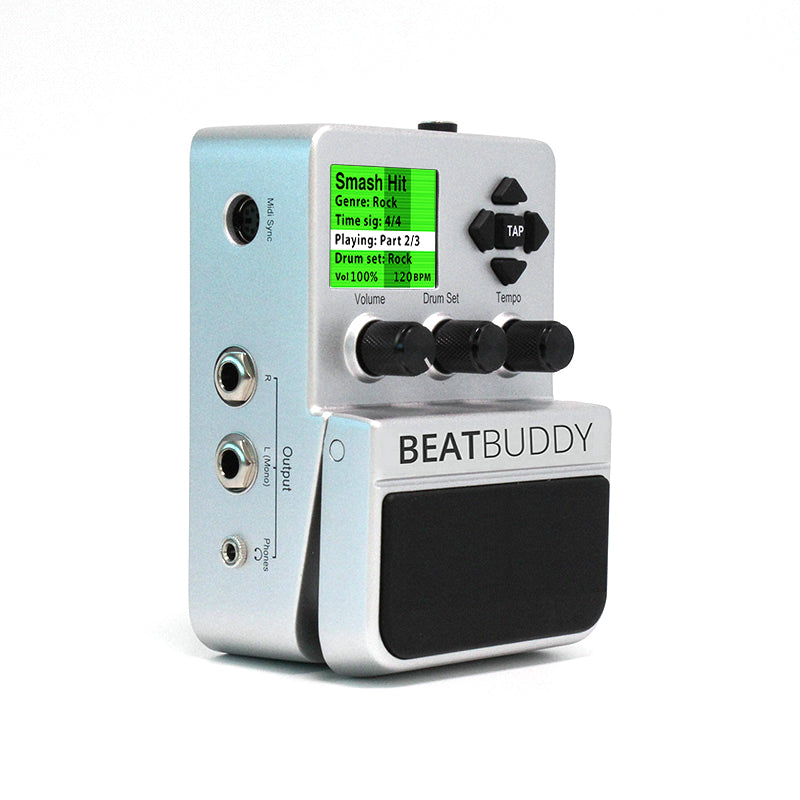 Perspective view of Singular Sound BeatBuddy showing top and left side