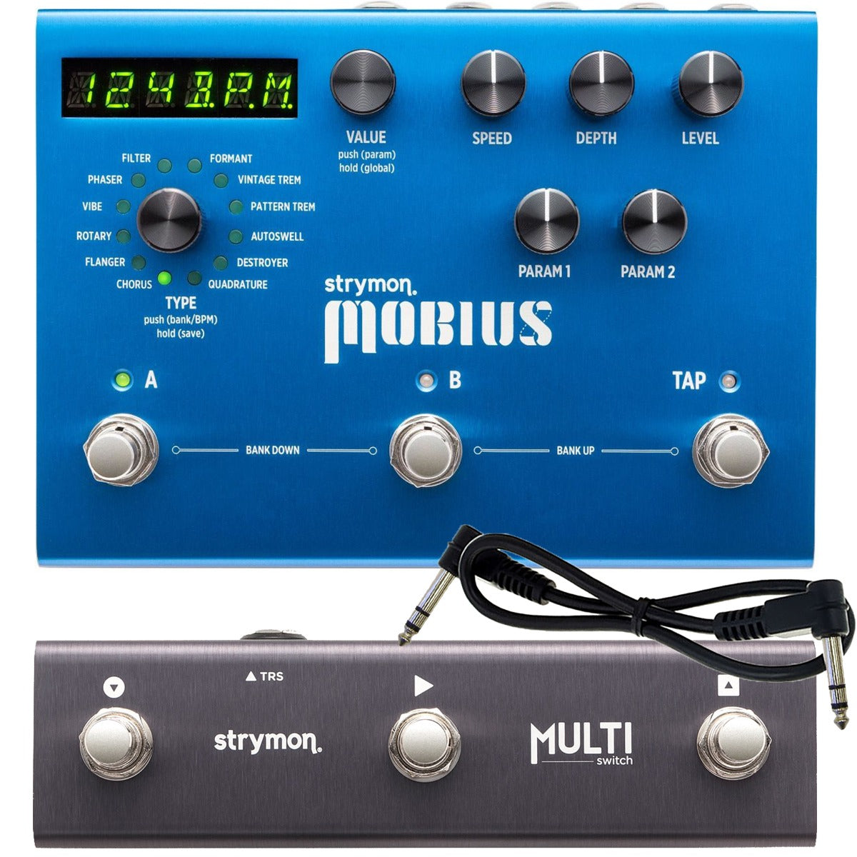 Collage of the components for the Strymon Mobius Multidimensional Modulation Pedal with Multiswitch BUNDLE