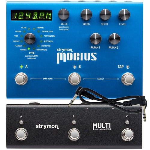 Collage of the components in the Strymon Mobius Multidimensional Modulation Pedal with Multiswitch Plus BUNDLE