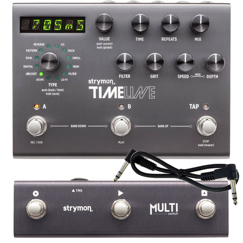Collage of the components in the Strymon Timeline Multidimensional Delay Pedal with Multiswitch BUNDLE