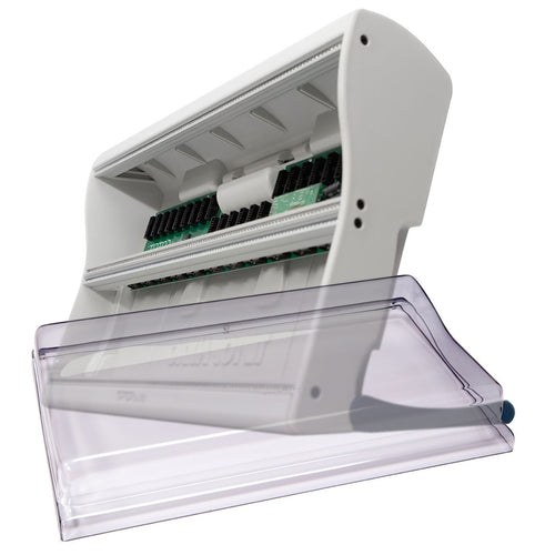 Collage showing components in Tiptop Audio Mantis Eurorack Modular Synthesizer Case - Blue DECKSAVER KIT