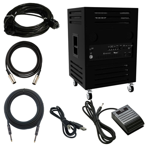 Collage of everything included with the Viscount Legend VORTEX 315 Rotary Keyboard Amplifier - Black COMPLETE CABLE KIT