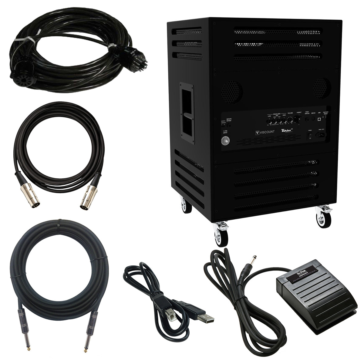 Collage of everything included with the Viscount Legend VORTEX 315 Rotary Keyboard Amplifier - Black COMPLETE CABLE KIT
