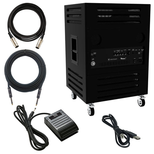 Collage of everything included with the Viscount Legend VORTEX 315 Rotary Keyboard Amplifier - Black CABLE KIT