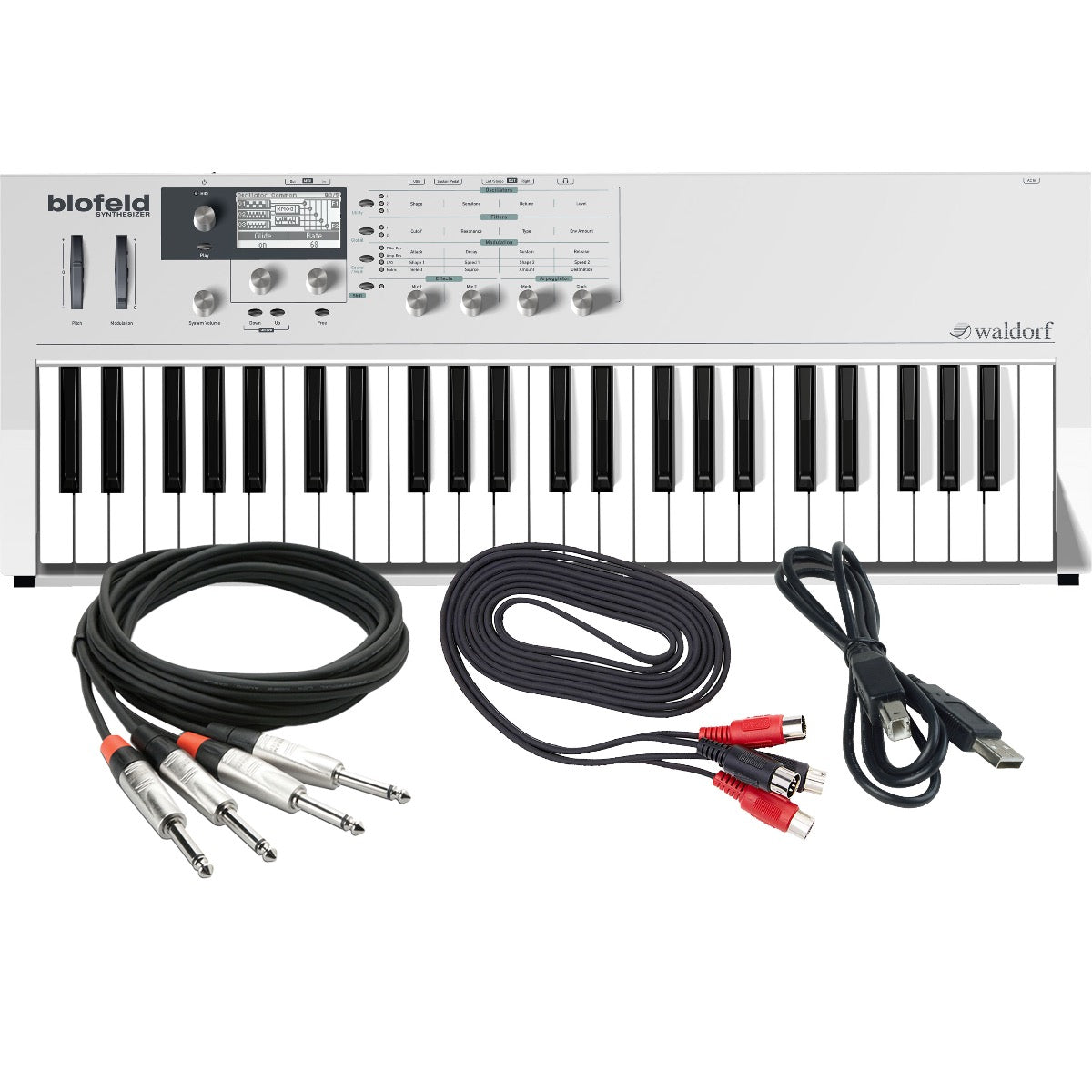 Collage showing components in Waldorf Blofeld Keyboard Synthesizer CABLE KIT