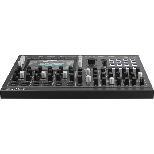 Perspective view of Waldorf Iridium Digital Polyphonic Desktop Synthesizer showing top and front