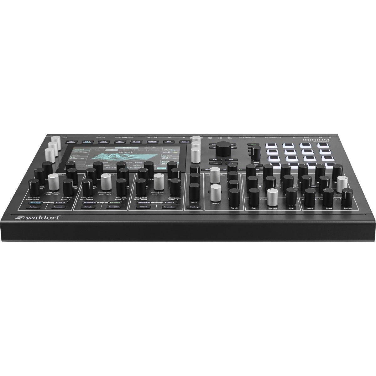 Perspective view of Waldorf Iridium Digital Polyphonic Desktop Synthesizer showing top and front