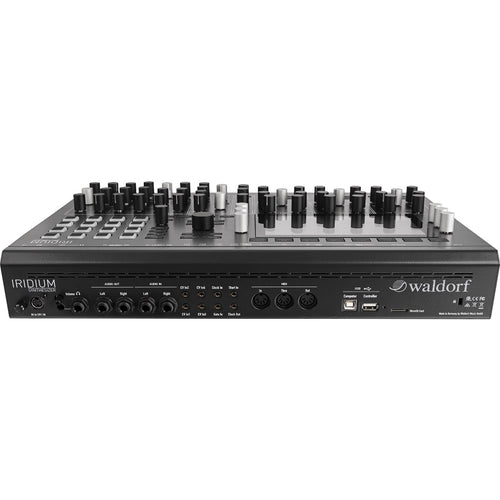 Perspective view of Waldorf Iridium Digital Polyphonic Desktop Synthesizer showing rear and top