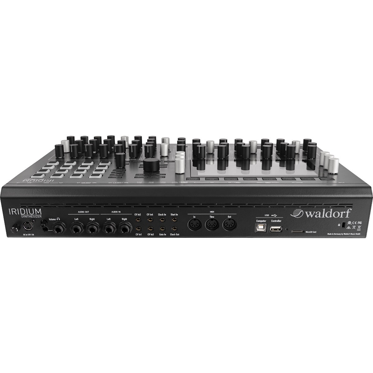 Perspective view of Waldorf Iridium Digital Polyphonic Desktop Synthesizer showing rear and top