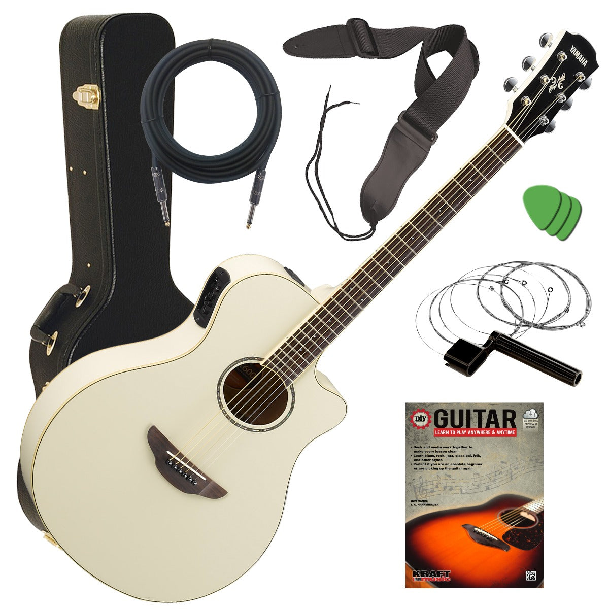 Yamaha APX600 Electro-Acoustic Guitar, Vintage White – A Strings