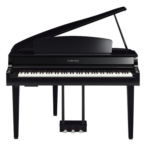 Perspective view of Yamaha Clavinova CLP-765GP Digital Piano - Polished Ebony showing front and top