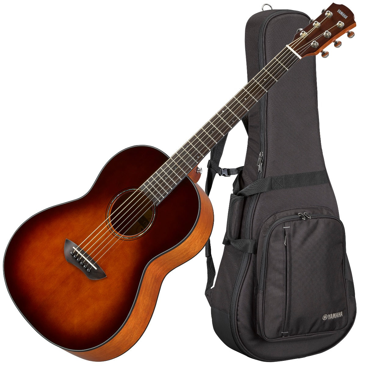 Perspective view of Yamaha CSF1M Acoustic Guitar - Tobacco Brown Sunburst showing top and right side with with included AC-SC softshell case in background