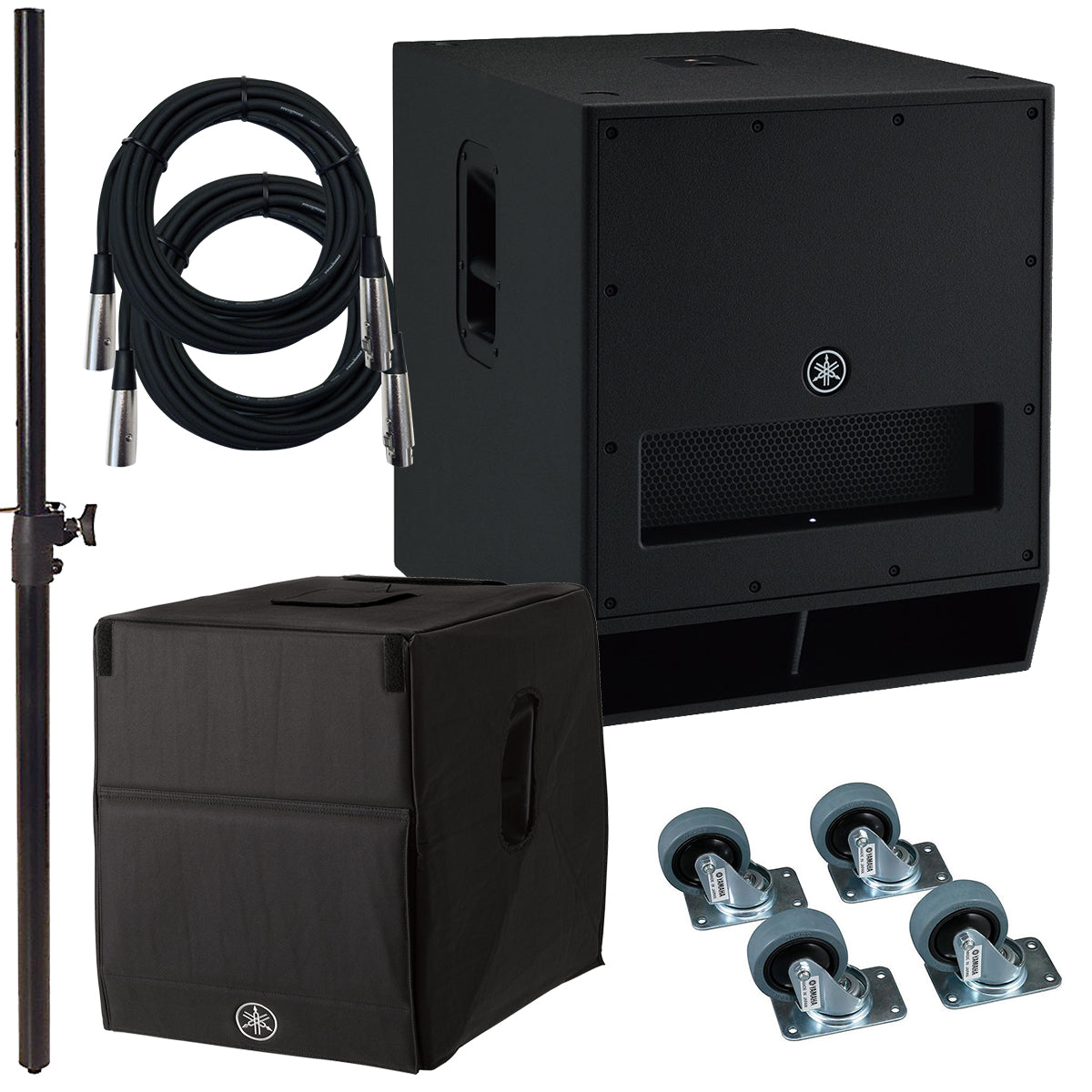 Collage of the components in the Yamaha DXS18 Subwoofer STAGE RIG bundle