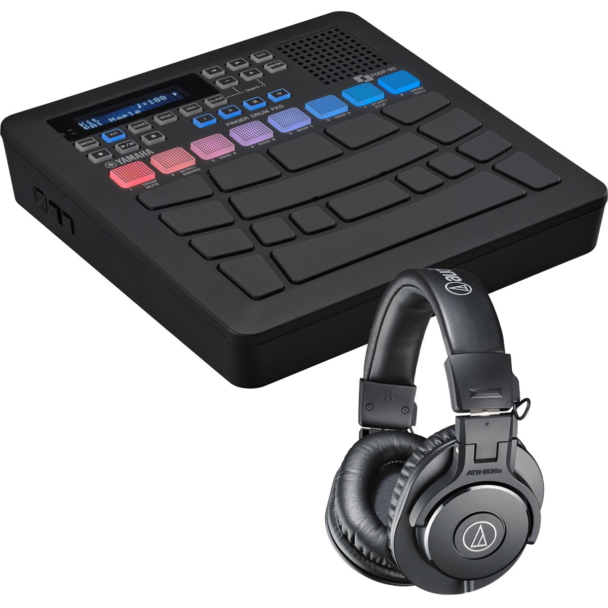 Collage showing components in Yamaha FGDP-50 Finger Drum Pad STUDIO KIT