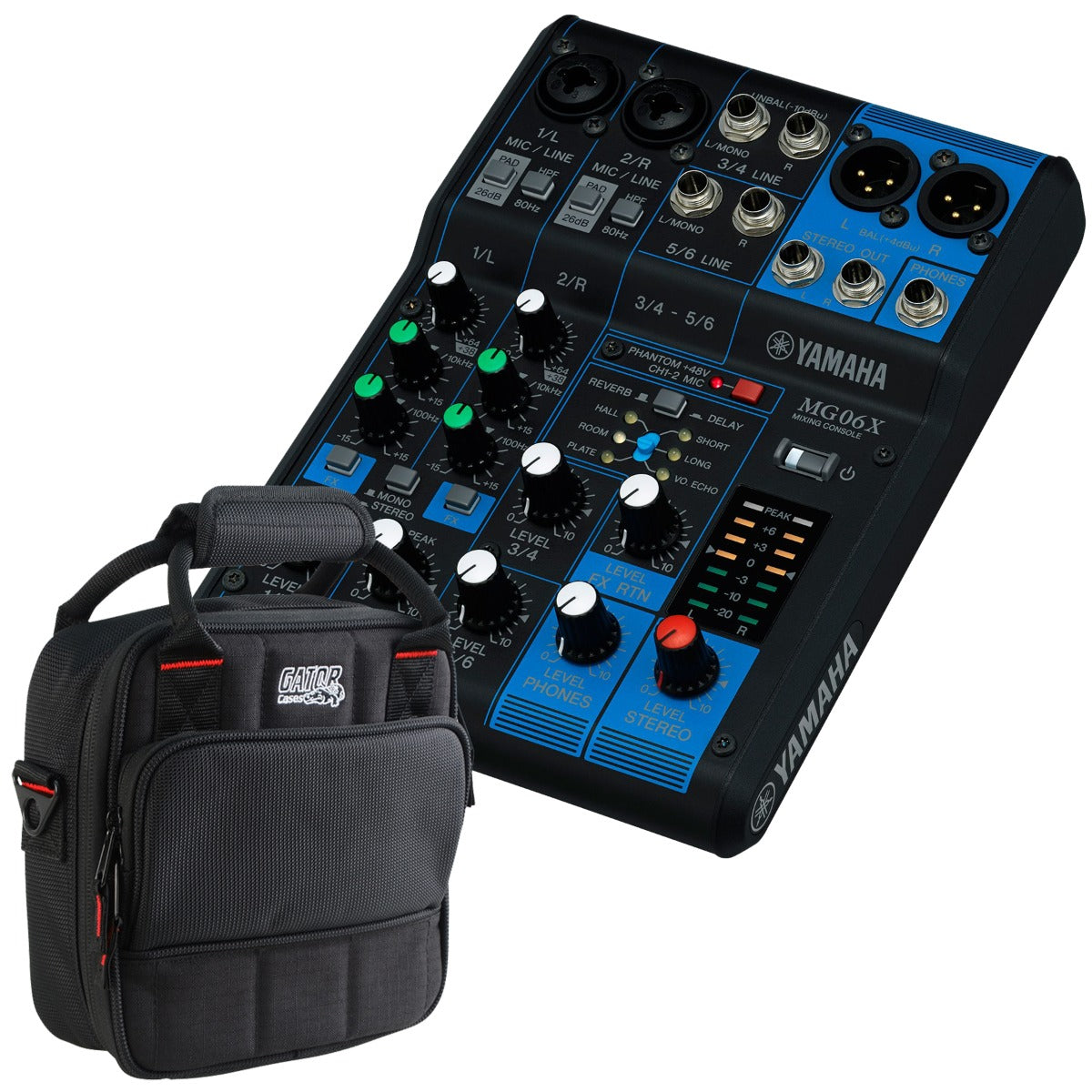 Collage of the components in the Yamaha MG06X 6-Channel Compact Stereo Mixer CARRY BAG KIT bundle