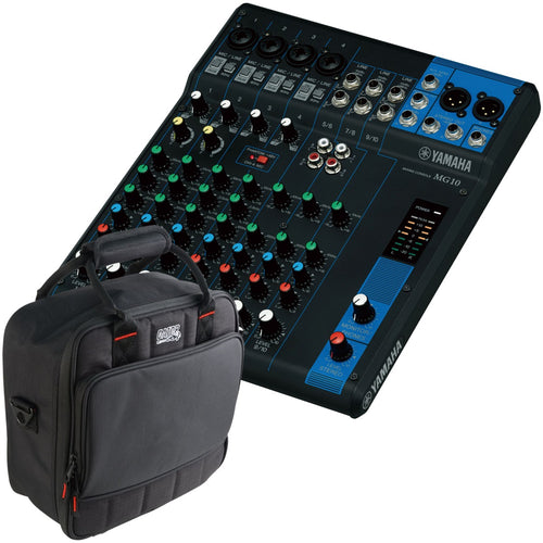 Collage of the components in the Yamaha MG10 10-Channel Compact Stereo Mixer CARRY BAG KIT bundle