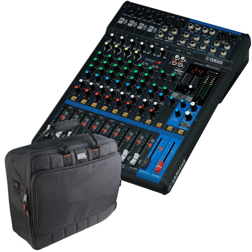 Collage of the components in the Yamaha MG12XU 12-Channel Compact Stereo Mixer and USB Audio Interface CARRY BAG KIT bundle