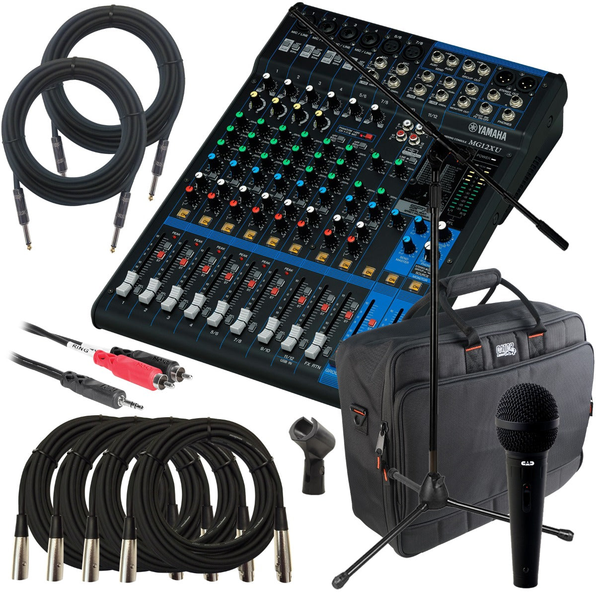 Collage of the components in the Yamaha MG12XU 12-Channel Compact Stereo Mixer/USB Interface PERFORMER PAK bundle