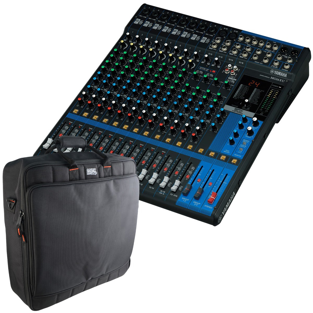 Collage of the components in the Yamaha MG16XU 16-Channel Stereo Mixer with USB Audio Interface CARRY BAG KIT