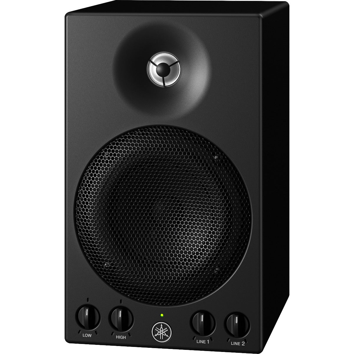 3/4 view of Yamaha MSP3A 4" Powered Speaker showing front, top and right side