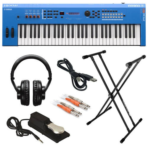Collage image of the Yamaha MX61 Music Synthesizer - Blue KEY ESSENTIALS BUNDLE
