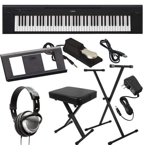 Collage image of the Yamaha Piaggero NP35 76-Key Portable Keyboard with Power Adapter - Black KEY ESSENTIALS BUNDLE