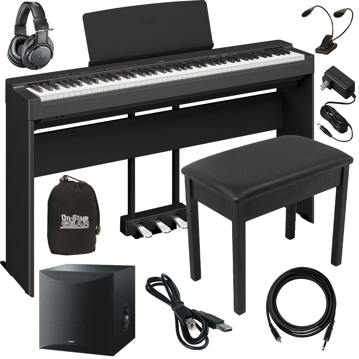 Collage image of the Yamaha P225B Digital Piano - Black COMPLETE HOME BUNDLE PLUS