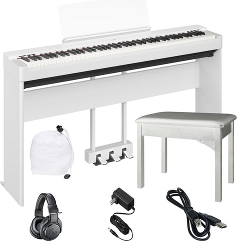 Collage image of the Yamaha P225WH Digital Piano - White COMPLETE HOME BUNDLE