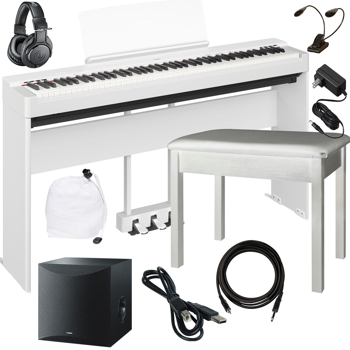 Yamaha P-225 Digital Piano - White COMPLETE HOME BUNDLE PLUS